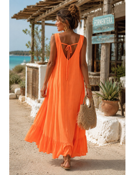 🧡 Vestido Largo Naranja con Bordado de Cabeza India