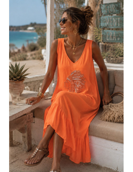 🧡 Vestido Largo Naranja con Bordado de Cabeza India