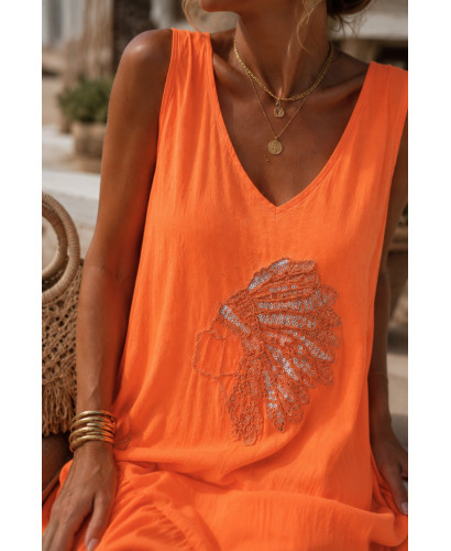 🧡 Vestido Largo Naranja con Bordado de Cabeza India 2