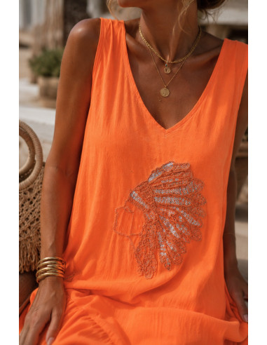🧡 Vestido Largo Naranja con Bordado de Cabeza...