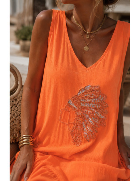 🧡 Vestido Largo Naranja con Bordado de Cabeza India