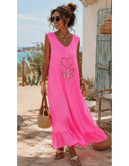 Vestido Largo Rosa con Bordado de atrapasueños