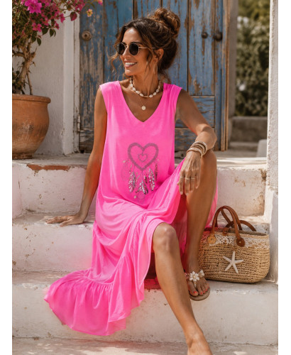 Vestido Largo Rosa con Bordado de atrapasueños