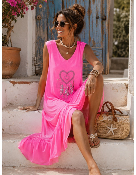 Vestido Largo Rosa con Bordado de atrapasueños