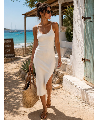 Vestido de Canalé con Tirantes Regulables y Abertura Lateral
