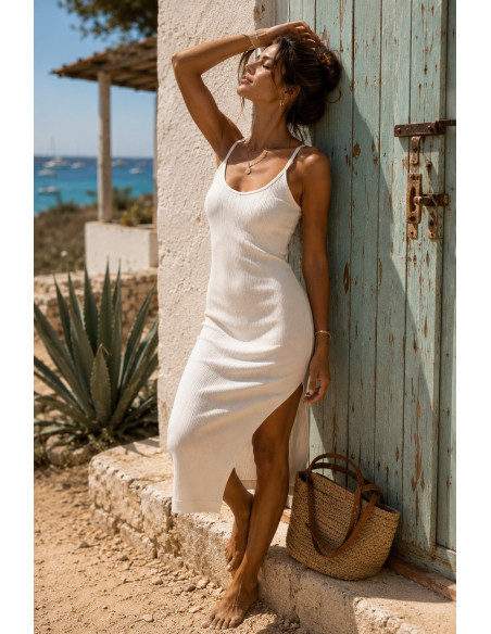 Vestido de Canalé con Tirantes Regulables y Abertura Lateral