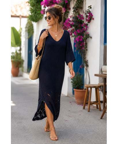🌸 Vestido de Punto Azul Marino con Aberturas Laterales 2