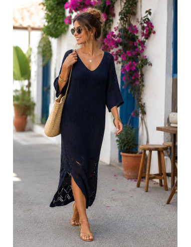 🌸 Vestido de Punto Azul Marino con Aberturas...