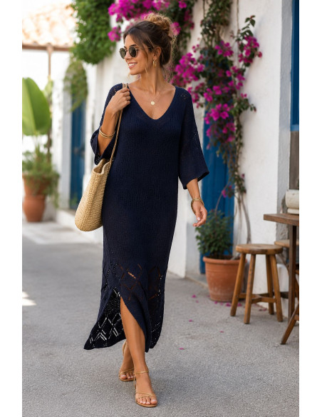 🌸 Vestido de Punto Azul Marino con Aberturas Laterales