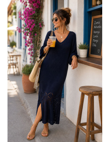 🌸 Vestido de Punto Azul Marino con Aberturas...