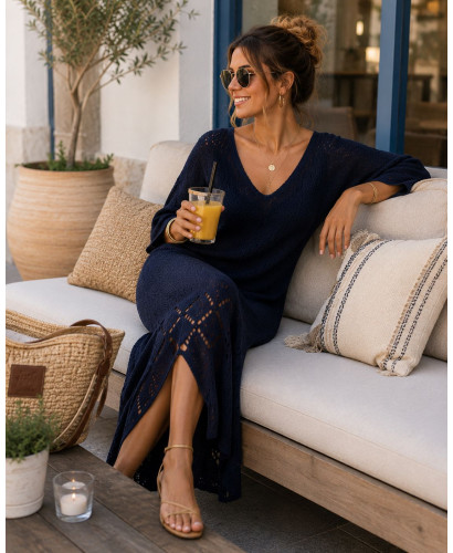 🌸 Vestido de Punto Azul Marino con Aberturas Laterales