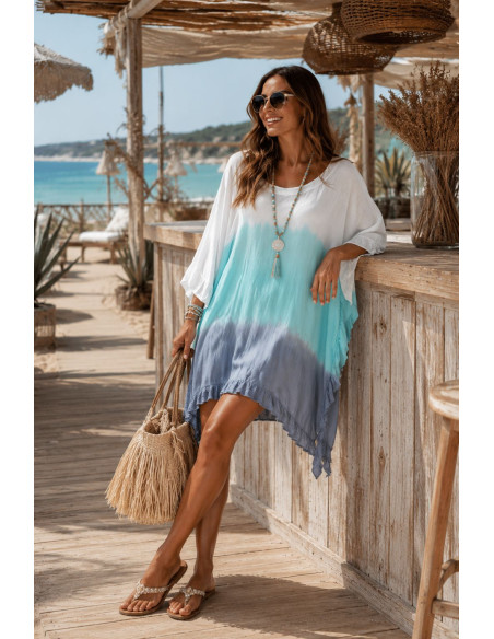 Vestido Tie Dye en Turquesa, azul plomo y blanco con Cuello Redondo