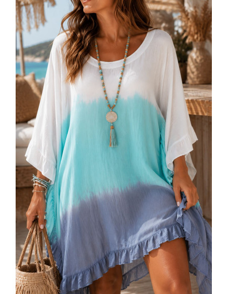 Vestido Tie Dye en Turquesa, azul plomo y blanco con Cuello Redondo