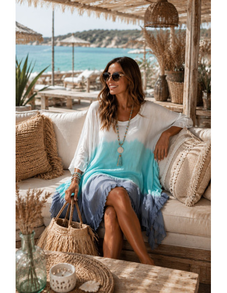 Vestido Tie Dye en Turquesa, azul plomo y blanco con Cuello Redondo