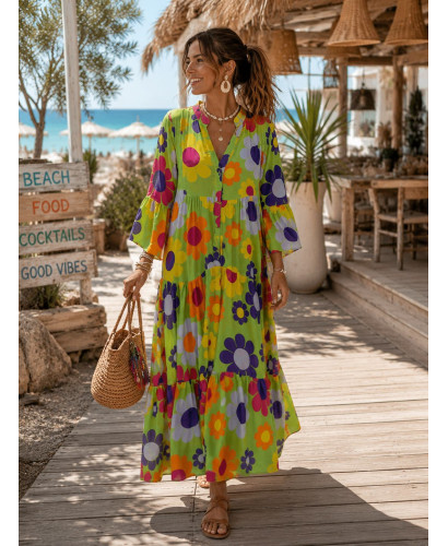 Vestido babydoll verde con estampado de margaritas