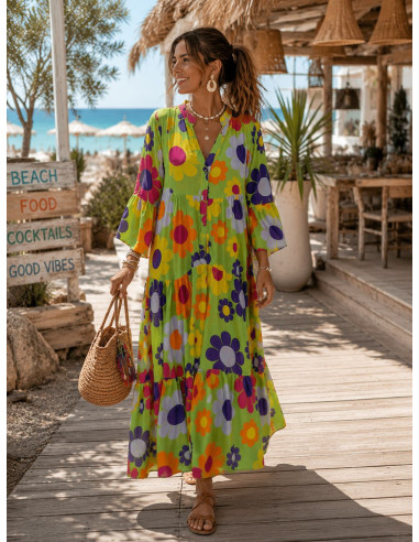 Vestido babydoll verde con estampado de margaritas