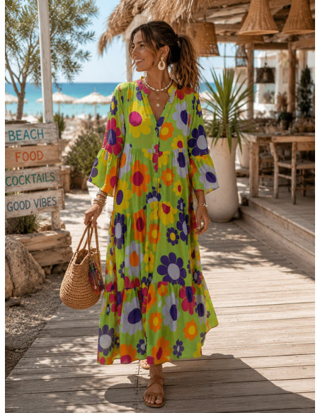 Vestido babydoll verde con estampado de margaritas