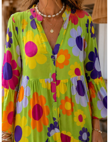 Vestido babydoll verde con estampado de margaritas