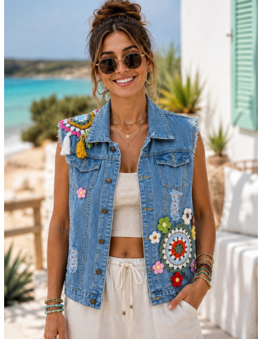 Chaleco Vaquero con Apliques de Crochet y...