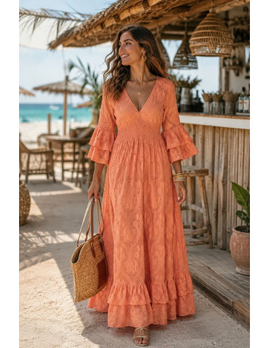 Vestido Largo en Bordado Inglés Melocotón con...