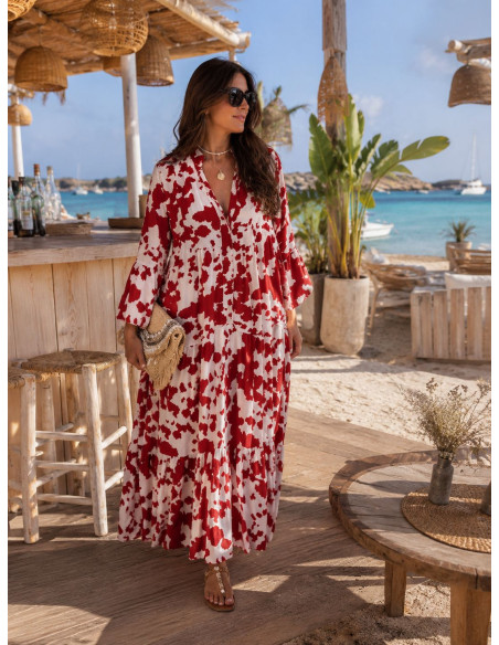 Vestido babydoll blanco y rojo con cuello mao