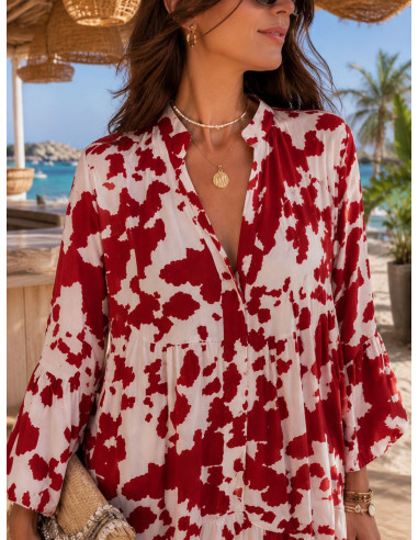 Vestido babydoll blanco y rojo con cuello mao