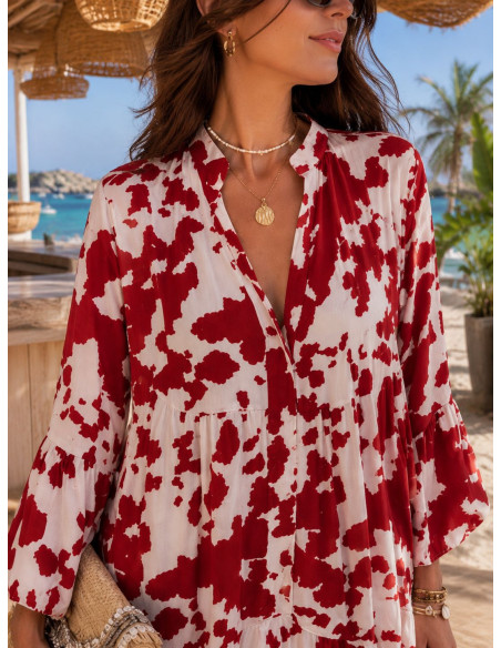 Vestido babydoll blanco y rojo con cuello mao
