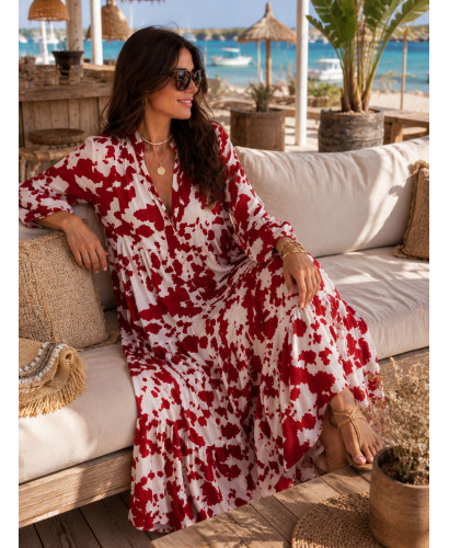 Vestido babydoll blanco y rojo con cuello mao
