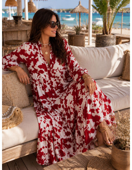 Vestido babydoll blanco y rojo con cuello mao