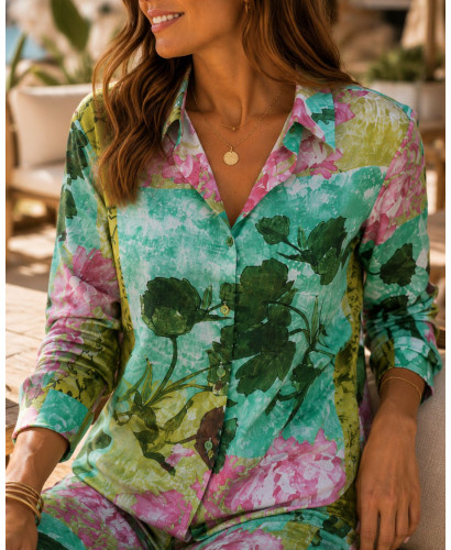 Conjunto Estampado: Flores en Verde y Rosa 2