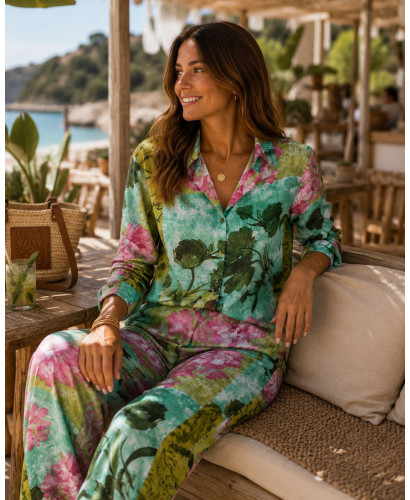 Conjunto Estampado: Flores en Verde y Rosa