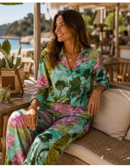 Conjunto Estampado: Flores en Verde y Rosa