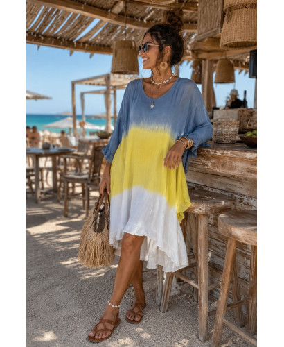 Vestido Tie Dye en Amarillo, azul plomo y blanco con...