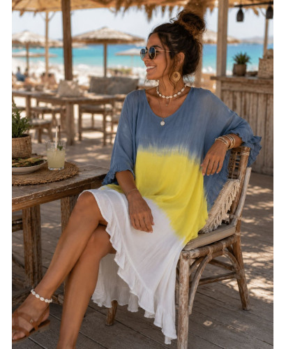 Vestido Tie Dye en Amarillo, azul plomo y blanco con... 2