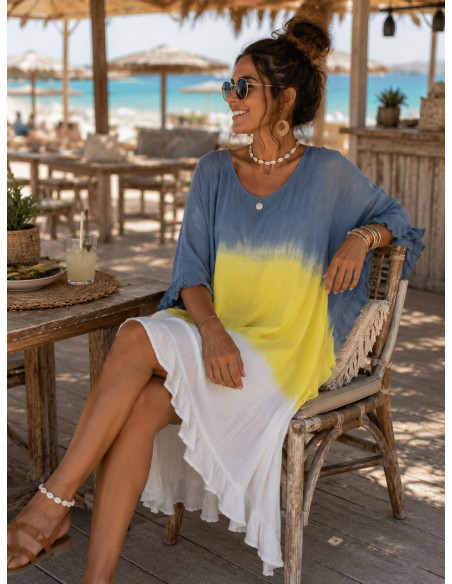Vestido Tie Dye en Amarillo, azul plomo y blanco con Cuello Redondo