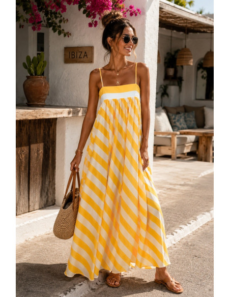 Vestido Largo Amarillo de Rayas con Tirante Regulable