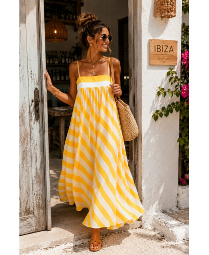 Vestido Largo Amarillo de Rayas con Tirante Regulable