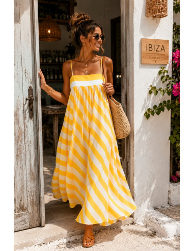 Vestido Largo Amarillo de Rayas con Tirante...