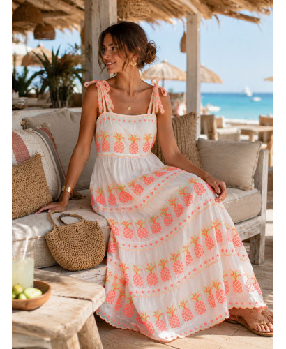 Vestido Blanco Bordado con Piñas Flúor y Tirantes Anudados