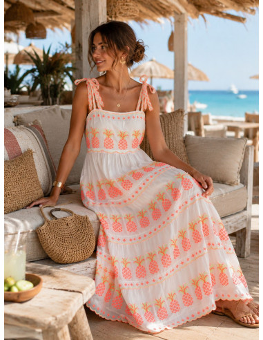 Vestido Blanco Bordado con Piñas Flúor y...
