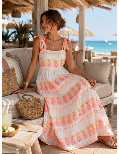 Vestido Blanco Bordado con Piñas Flúor y Tirantes Anudados