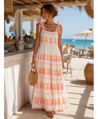 Vestido Blanco Bordado con Piñas Flúor y Tirantes Anudados 2
