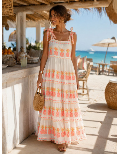 Vestido Blanco Bordado con Piñas Flúor y...