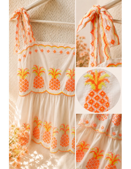 Vestido Blanco Bordado con Piñas Flúor y Tirantes Anudados