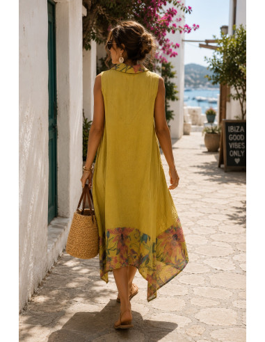 Vestido de lino asimétrico con estampado floral...