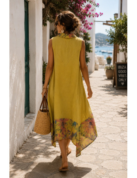 Vestido de lino asimétrico con estampado floral mostaza
