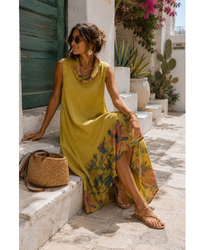 Vestido de lino asimétrico con estampado floral mostaza