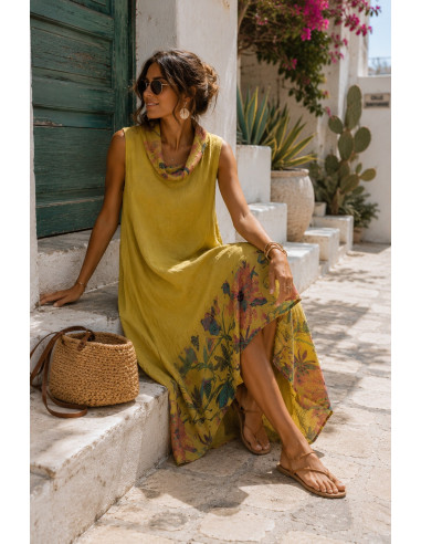 Vestido de lino asimétrico con estampado floral...