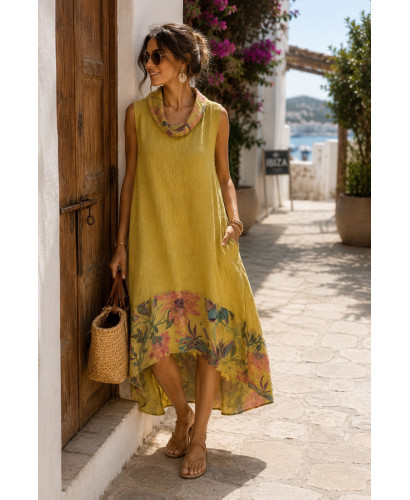 Vestido de lino asimétrico con estampado floral mostaza 2