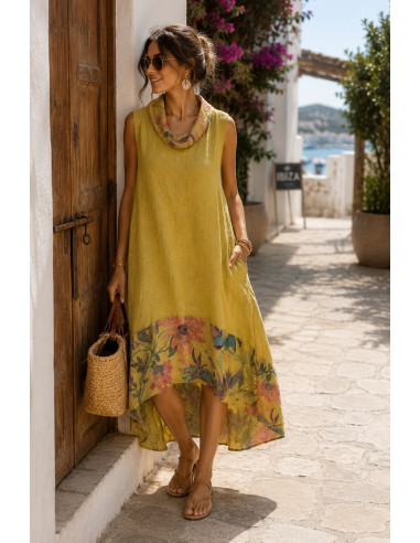 Vestido de lino asimétrico con estampado floral...